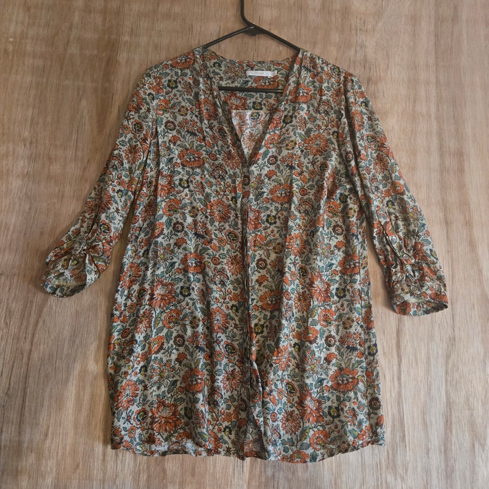 Boho Floral Button Up Blouse Womens Small Roll Tab Sleeve Orange Green Tunic Top